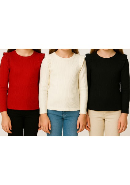 Kız Çocuk Kız Bebek 3lü Uzun Kollu Ribana Badi Seti 3 Lü Badi Seti Fırfır Detaylı %100 Pamuk