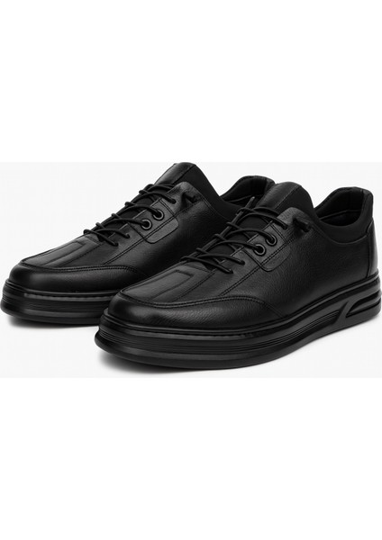 GR0407 Hakiki Deri Akıllı Bağcık Bilekten Streçli Yüksek Taban Ortopedik Siyah Erkek Ayakkabı