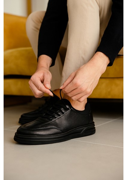 GR0407 Hakiki Deri Akıllı Bağcık Bilekten Streçli Yüksek Taban Ortopedik Siyah Erkek Ayakkabı