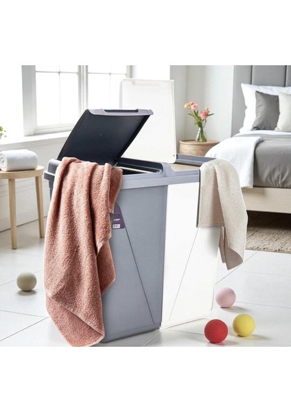 90 Lt Iki Bölmeli Kirli Çamaşır Sepeti Çift Hazneli Büyük Boy Kapaklı Gri-Beyaz fırsatları