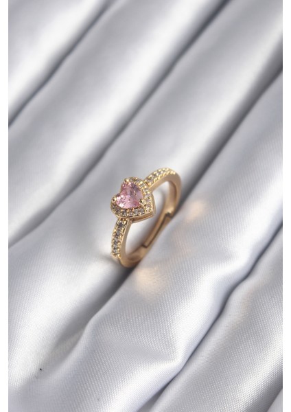 Pirinç Gold Renk Pembe Zirkon Taş Kalp Charm Model Kadın Yüzük