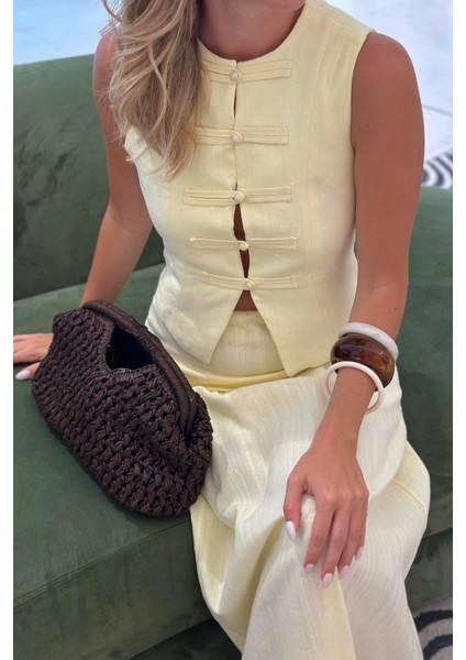 Sarı Brit Detaylı Yelek Etek Takım