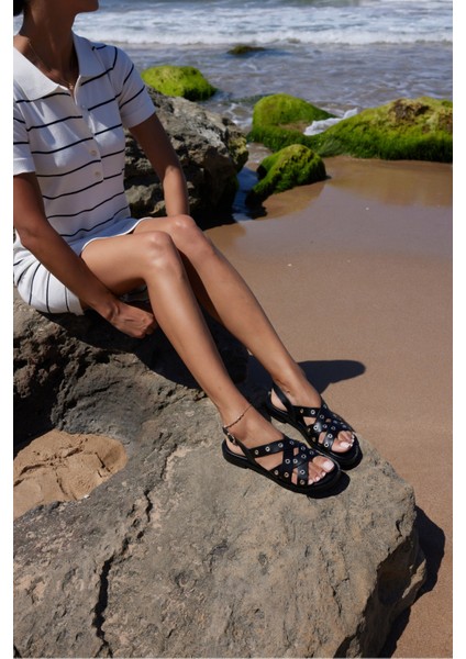 Allison Kadin Siyah Gercek Deri Ispanya Uretım Sandalet