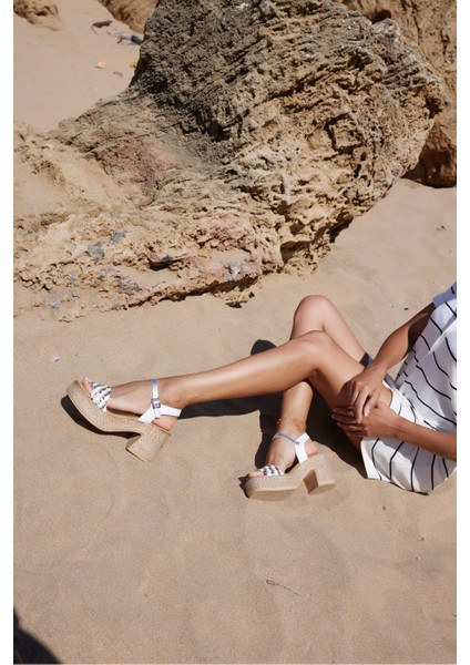 Sicilya Kadın Beyaz Örgu Deri Ispanya Uretımı Topuklu Sandalet