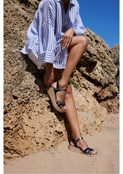 Pinto Kadin Siyah Deri Ispanya Uretımı Dolgu Sandalet