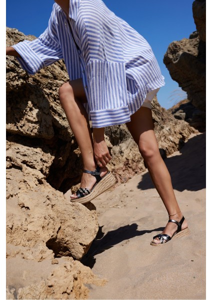 Pinto Kadin Siyah Deri Ispanya Uretımı Dolgu Sandalet