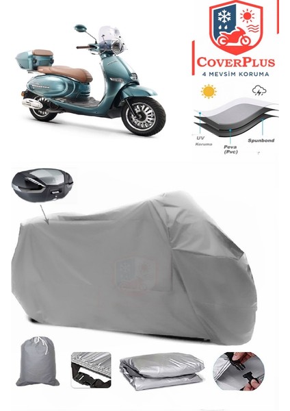 Kuba Brilliant 125 Pro Motor Brandası Gri Arka Çanta Uyumlu Motorsiket Brandası Motor Örtüsü Çadır Su Geçirmez Motosiklet Kılıfı Motor Brandası