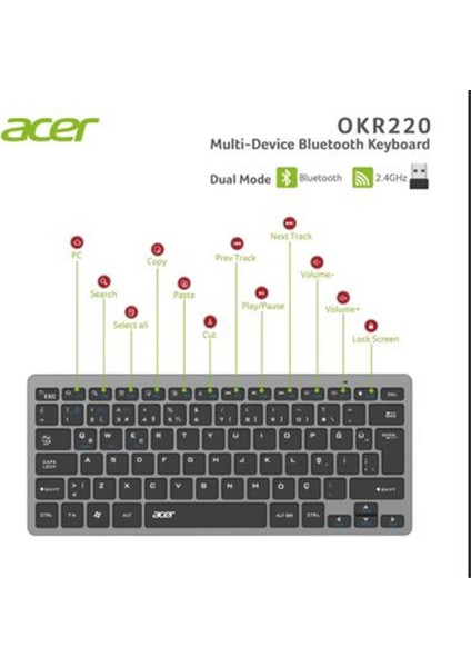 Acer OKR220 Siyah Multidevice Dual Mode 2.4ghz Bluetooth Klavye (Smart Tv)(Android)