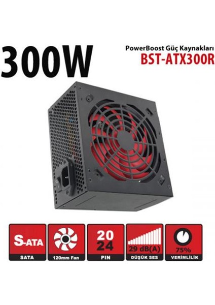 Powerboost BST-ATX300R 300W, Ppfc 12CM Kırmızı Fanlı Atx Psu (Retail Box) Güç Kaynağı