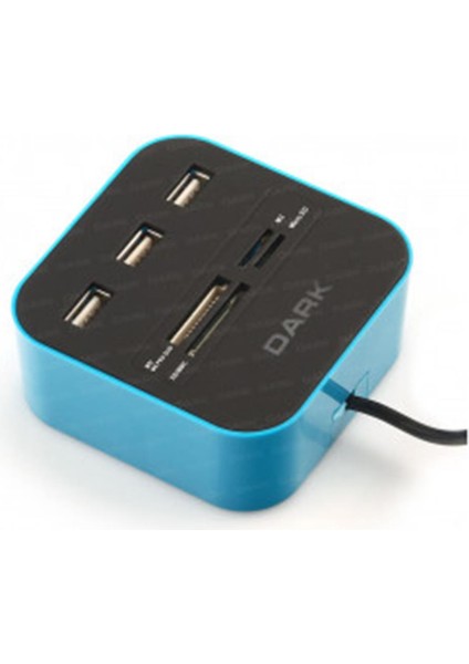 Dark UCR202 USB Microsd-Sd-Mmc-M2-Ms Pro Duo Kart Okuyuculu USB Çoklayıcı (Mavi)
