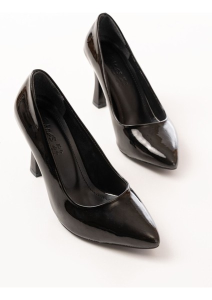 ST-001 Siyah Rugan Günlük 9 cm Topuklu Bayan Stiletto Ayakkabı modelleri