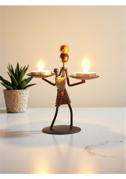 Retro Etnik Afrika Figürlü Çift Mumluk - Dekoratif Şamdan Tutucu (14 Cm)