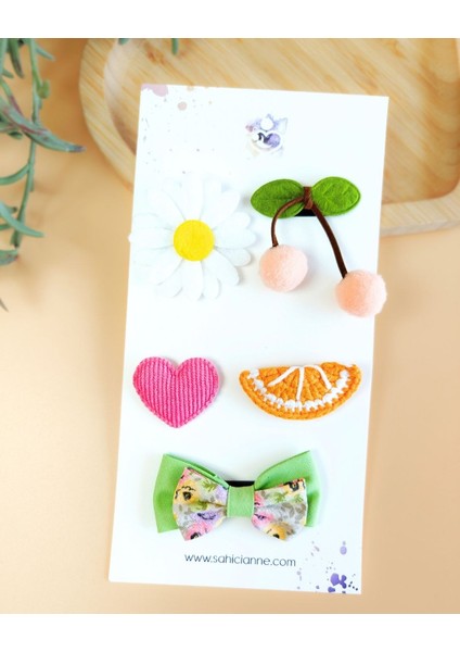 5'li Saçsız Bebek Toka Seti- Kiraz-Çiçek - Kalp