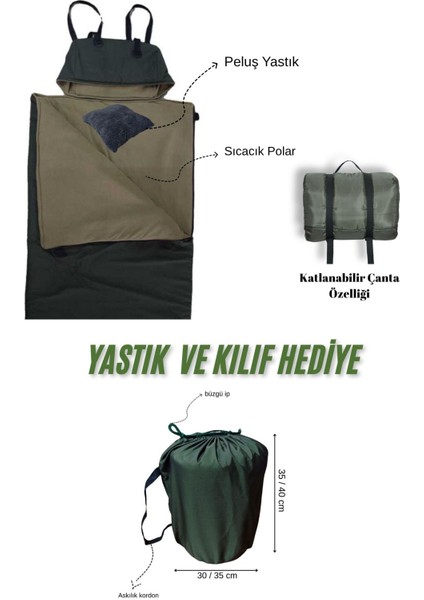Haki Uyku Tulumu(-20 Derece) Su GEÇIRMEZ(215×75 Cm) 220 gr ELYAF/180 gr Polar Kamp&deprem