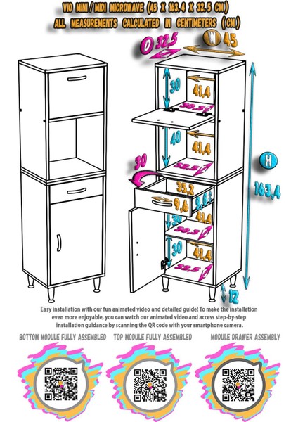 VİO Çok Amaçlı Dolap: (45x163.4x32,5 cm) ölçülerinde, çekmeceli ve kapaklı mutfak dolabı.