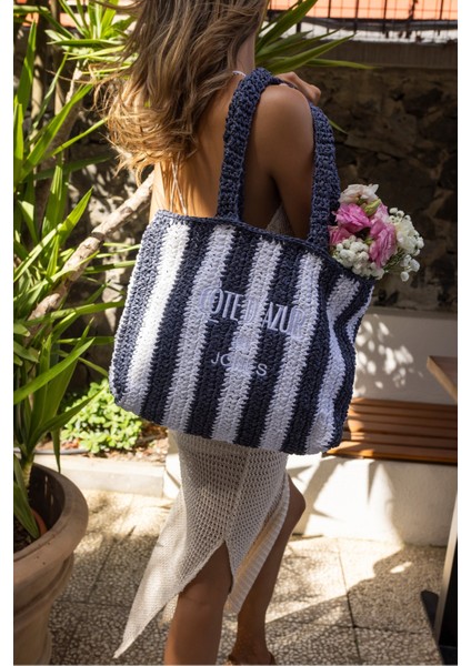 Coosh Kadin Lacivert Beyaz Çizgili Raffia Hasir El Örgusu Plaj Çanta