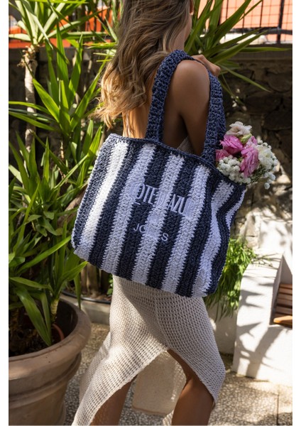Coosh Kadin Lacivert Beyaz Çizgili Raffia Hasir El Örgusu Plaj Çanta fiyatları