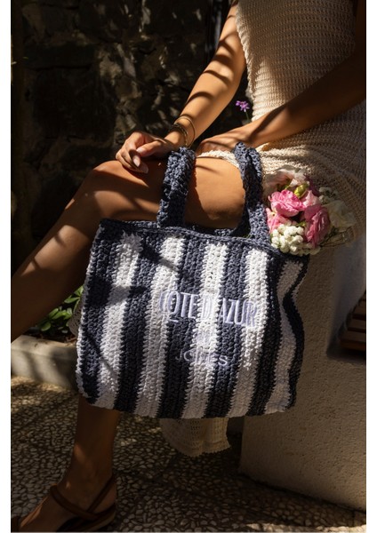 Coosh Kadin Lacivert Beyaz Çizgili Raffia Hasir El Örgusu Plaj Çanta modelleri