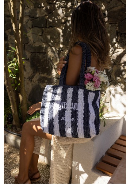 Coosh Kadin Lacivert Beyaz Çizgili Raffia Hasir El Örgusu Plaj Çanta fırsatları