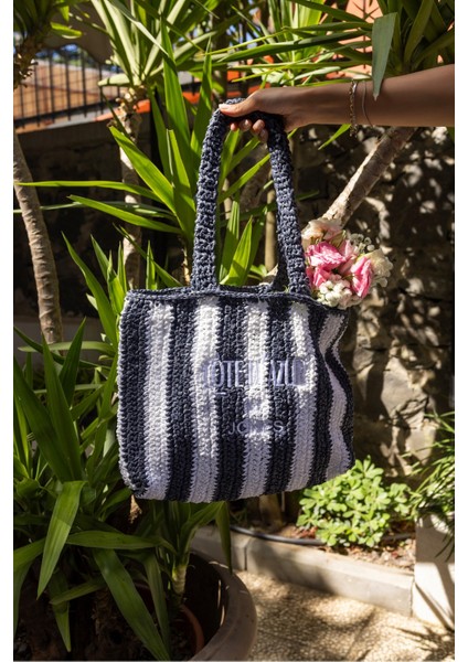 Coosh Kadin Lacivert Beyaz Çizgili Raffia Hasir El Örgusu Plaj Çanta indirimleri