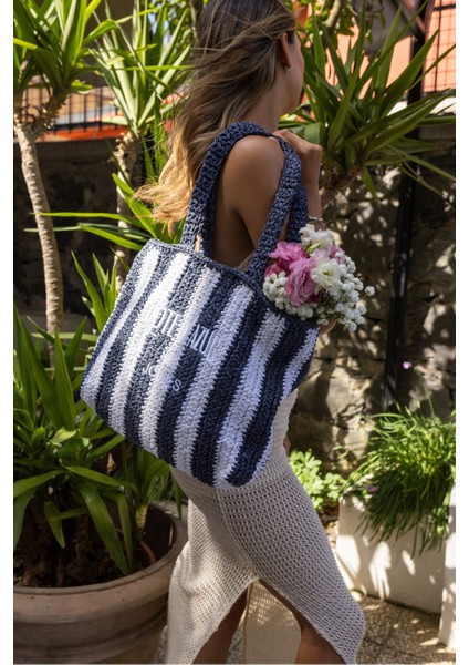 Coosh Kadin Lacivert Beyaz Çizgili Raffia Hasir El Örgusu Plaj Çanta