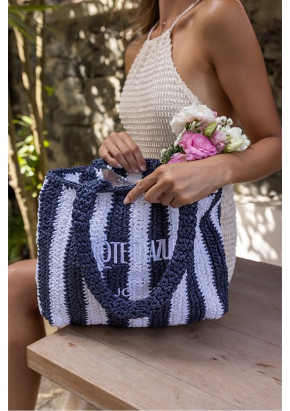 Coosh Kadin Lacivert Beyaz Çizgili Raffia Hasir El Örgusu Plaj Çanta