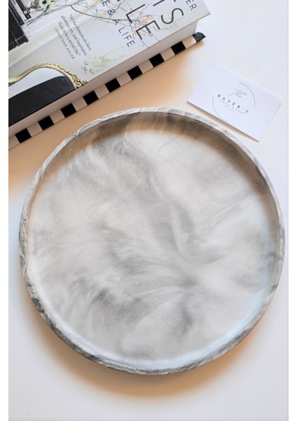 25 cm Mermer Desenli Yuvarlak Dekoratif Tepsi / Mum Tepsisi / Biblo Tepsisi