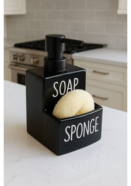 Siyah Porselen Süngerli Sıvı Sabunluk (Soap&sponge)