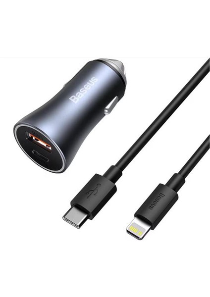 Baseus Golden Connector Pro U+C 40W Type-C To Lightning Kablo Setli Araç Içi Şarj Cihazı Koyu Gri