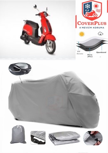Asya SCOOTURK-100 Motor Brandası Gri Arka Çanta Uyumlu Motorsiket Brandası Motor Örtüsü Çadır Su Geçirmez Motosiklet Kılıfı Motor Brandası