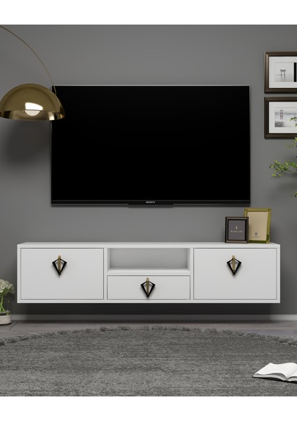 1314DROPDD-32 Duvara Montaj Tv Sehpası-Beyaz-Altın