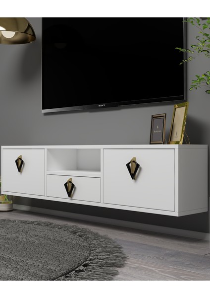 1314DROPDD-32 Duvara Montaj Tv Sehpası-Beyaz-Altın