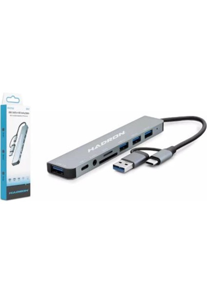 Hadron HDX7828 Type-C Hub Combo 3-Usb3.0 + USB + Type-C + Audio + Sd + Tf 8ın1 Gri