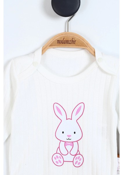 Tavşan Baskılı %100 Pamuk 2’li Bebek Zıbın Set & Uzun Kollu Beyaz 2'li Bady Takım & 0-9 Ay Kız Bebek