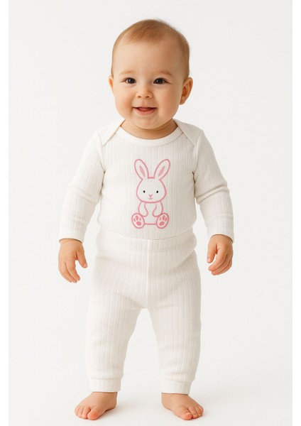 Tavşan Baskılı %100 Pamuk 2’li Bebek Zıbın Set & Uzun Kollu Beyaz 2'li Bady Takım & 0-9 Ay Kız Bebek