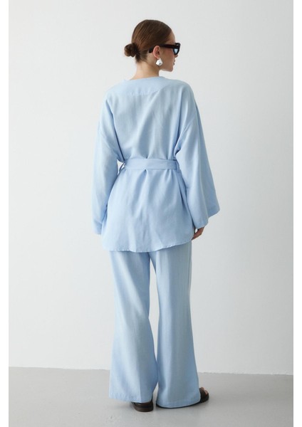 Mavi Pamuklu Düğme Detaylı Kemerli Keten Kimono