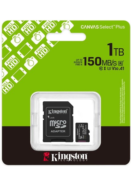 Kingston Sdcs3-1tb 1tb Microsdxc Canvas Select Plus Gen3 150MB-S A1 Card + Adapter Hafıza Kartı
