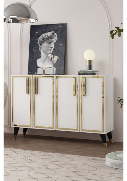 8194KM-128DD Konsol,kahve Köşesi,ayakkabılık,ofis Evrak Dolabı,mutfak Kiler Dolabı,tv Ünitesi Beyaz-Altın