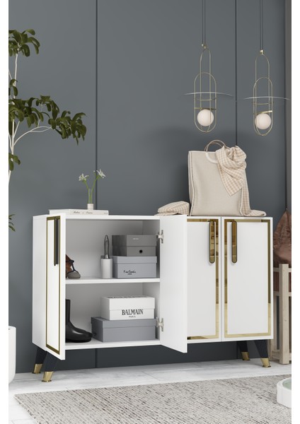 8194KM-128DD Konsol,kahve Köşesi,ayakkabılık,ofis Evrak Dolabı,mutfak Kiler Dolabı,tv Ünitesi Beyaz-Altın
