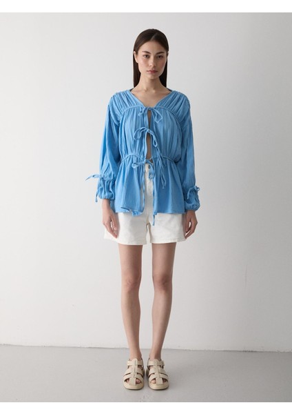 Mavi %100 Pamuk Kolu Lastikli Müslin Gömlek