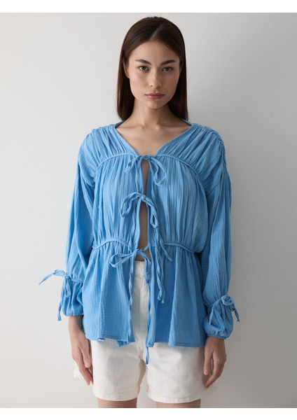 Mavi %100 Pamuk Kolu Lastikli Müslin Gömlek