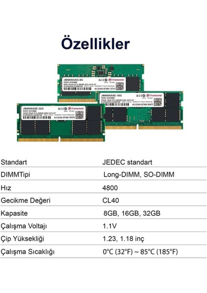 Transcend 32GB(1X32GB) 4800MHZ Sodımm CL40 Ddr5 Notebook Ram (JM4800ASE-32G) fiyatları