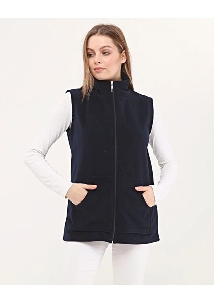 Yakalı Fermuarlı Lacivert Polar Yelek
