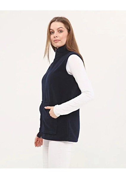 Yakalı Fermuarlı Lacivert Polar Yelek