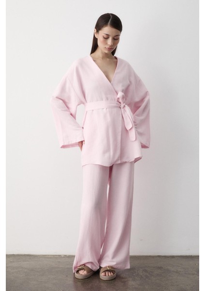 Pembe Pamuklu Kimono Bol Paça Pantolon Takım