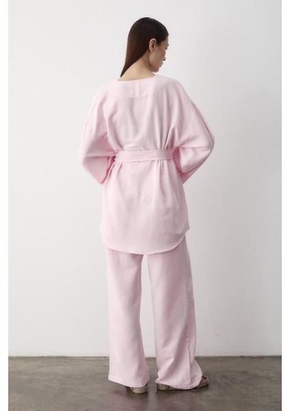 Pembe Pamuklu Kimono Bol Paça Pantolon Takım