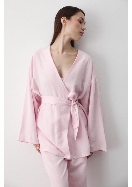 Pembe Pamuklu Kimono Bol Paça Pantolon Takım