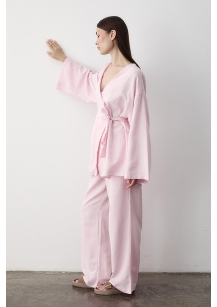 Pembe Pamuklu Kimono Bol Paça Pantolon Takım