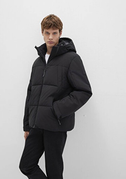 Su İtici Kapüşonlu Siyah Şişme Mont 0110675-71379