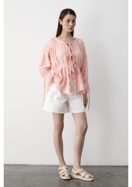 Pembe %100 Pamuk Kolu Lastikli Müslin Gömlek